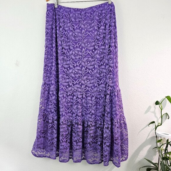 Y2K Lilac Fairy Roses Floral Lace Sheer Midi Skirt Sz 1X Lined Whimsigoth - Picture 5 of 8